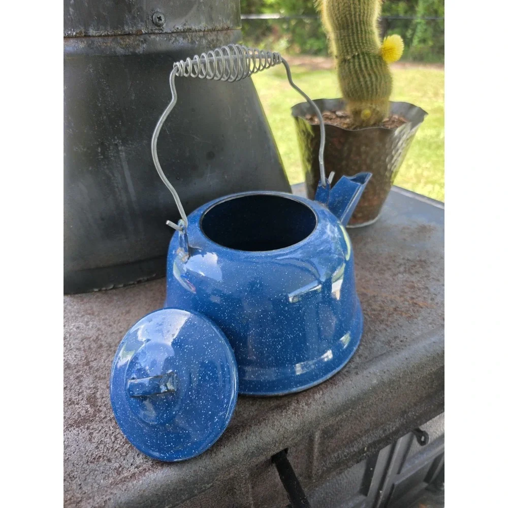 VTG Blue Speckled Enamelware Coffee Tea Pot Kettle 7